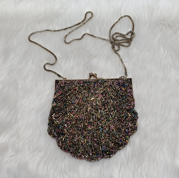 Bags | Multi Colored Clam Shell Shaped Fully Beaded Bag With Gold Tone ...
